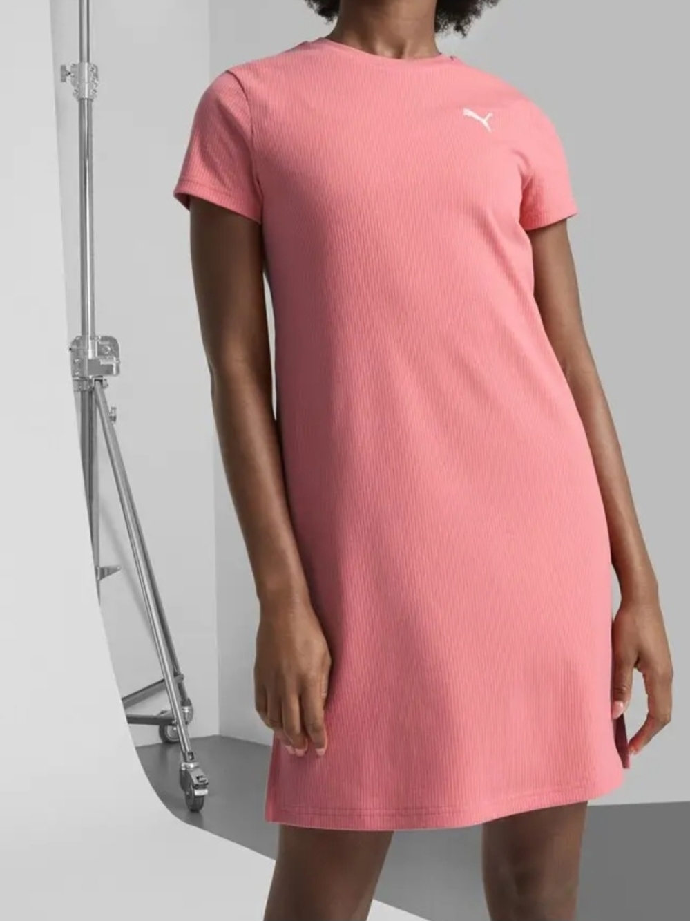 * Puma Women's Ess Elevated Bodycon Ribbed Short Sleeve Dress Peach Size Large